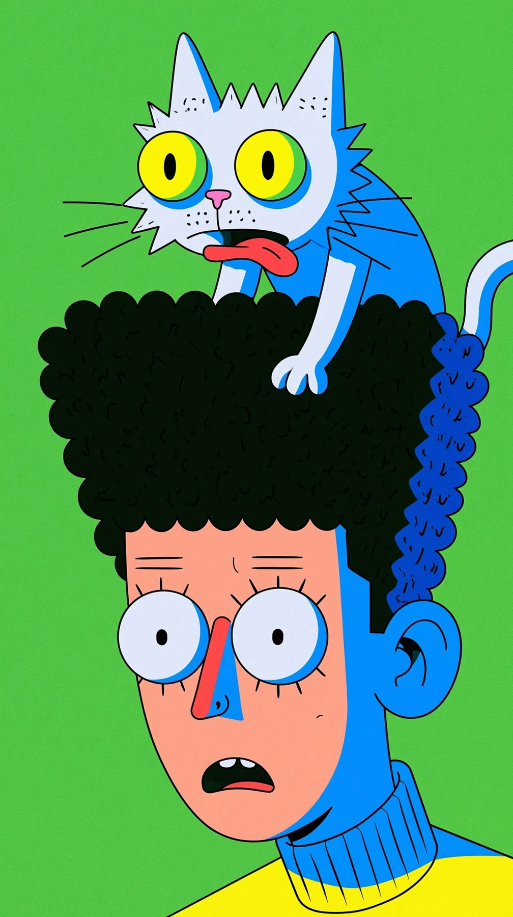 Colourful illustration of a wide-eyed person with a cat perched on their head