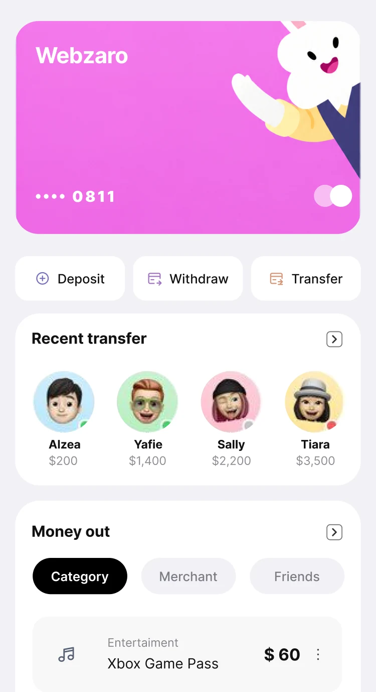 Webzaro wallet interface with pink card, recent transfers and spending categories